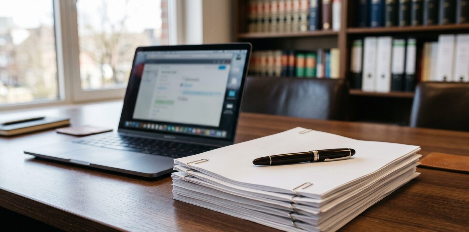 Mesa de escritório de advocacia com documentos jurídicos empilhados, caneta e laptop ao fundo
