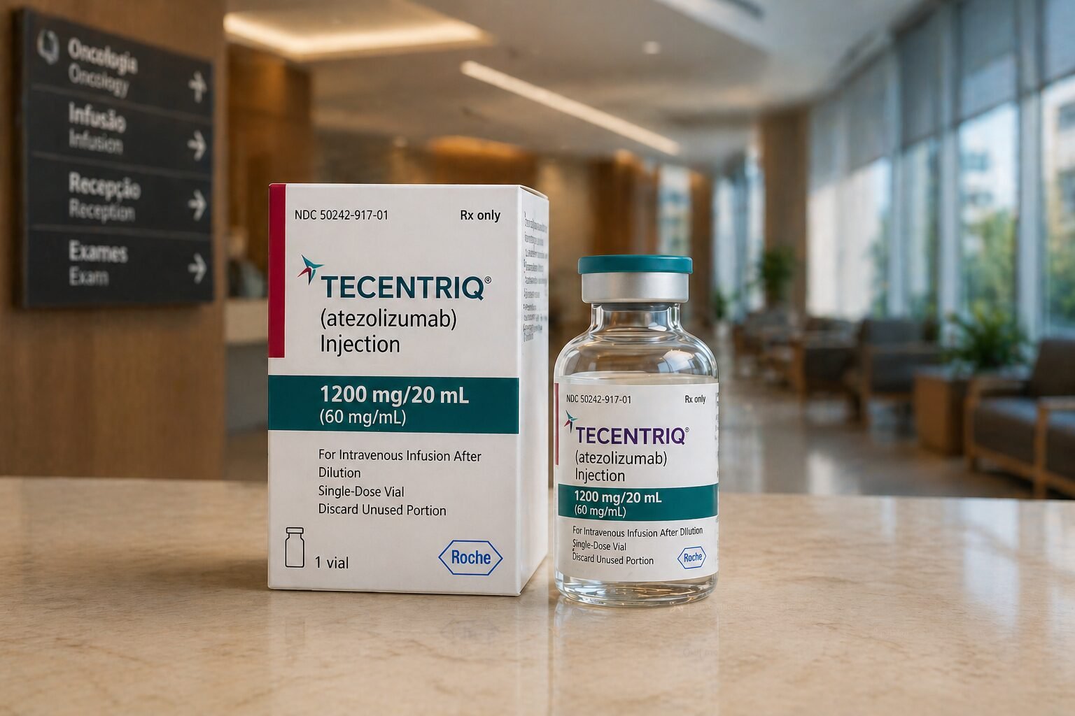 Caixa e frasco de Tecentriq 1.200 mg/20 mL (atezolizumabe) Roche em recepção de hospital com placa "Oncologia / Infusão / Recepção / Exames" ao fundo — cobertura obrigatória pelo plano de saúde mesmo fora do rol da ANS, com fundamento na Lei 14.454/2022 e Tema 990 do STJ