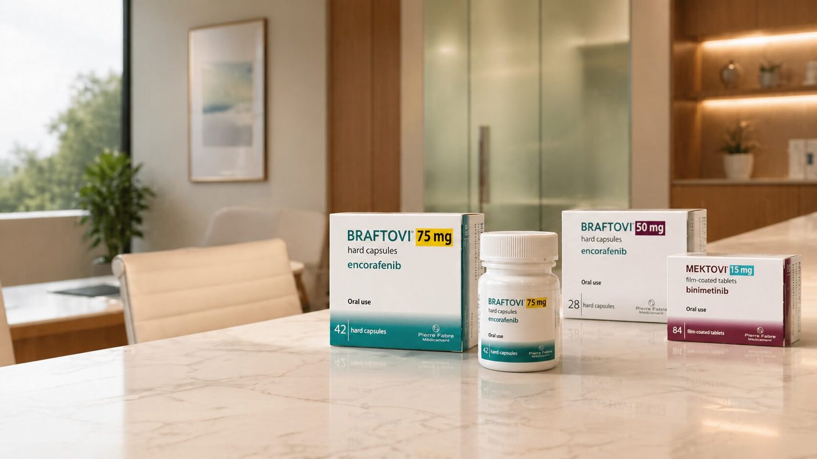 Caixas de Braftovi 75 mg e 50 mg (encorafenibe) Pierre Fabre + frasco + Mektovi 15 mg (binimetinibe) com Palácio da Justiça do Estado de São Paulo (TJSP) ao fundo — quando o plano nega o inibidor BRAF V600, a recusa é abusiva conforme Tema 990 STJ e Súmula 102 TJSP