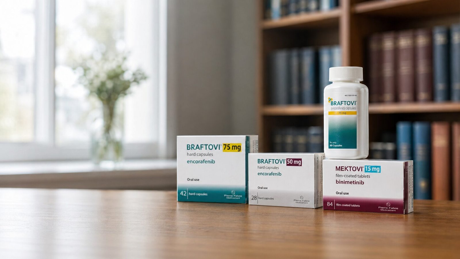 Cápsulas de Braftovi (encorafenibe) ao lado de relatório oncológico molecular com indicação de mutação BRAF V600E