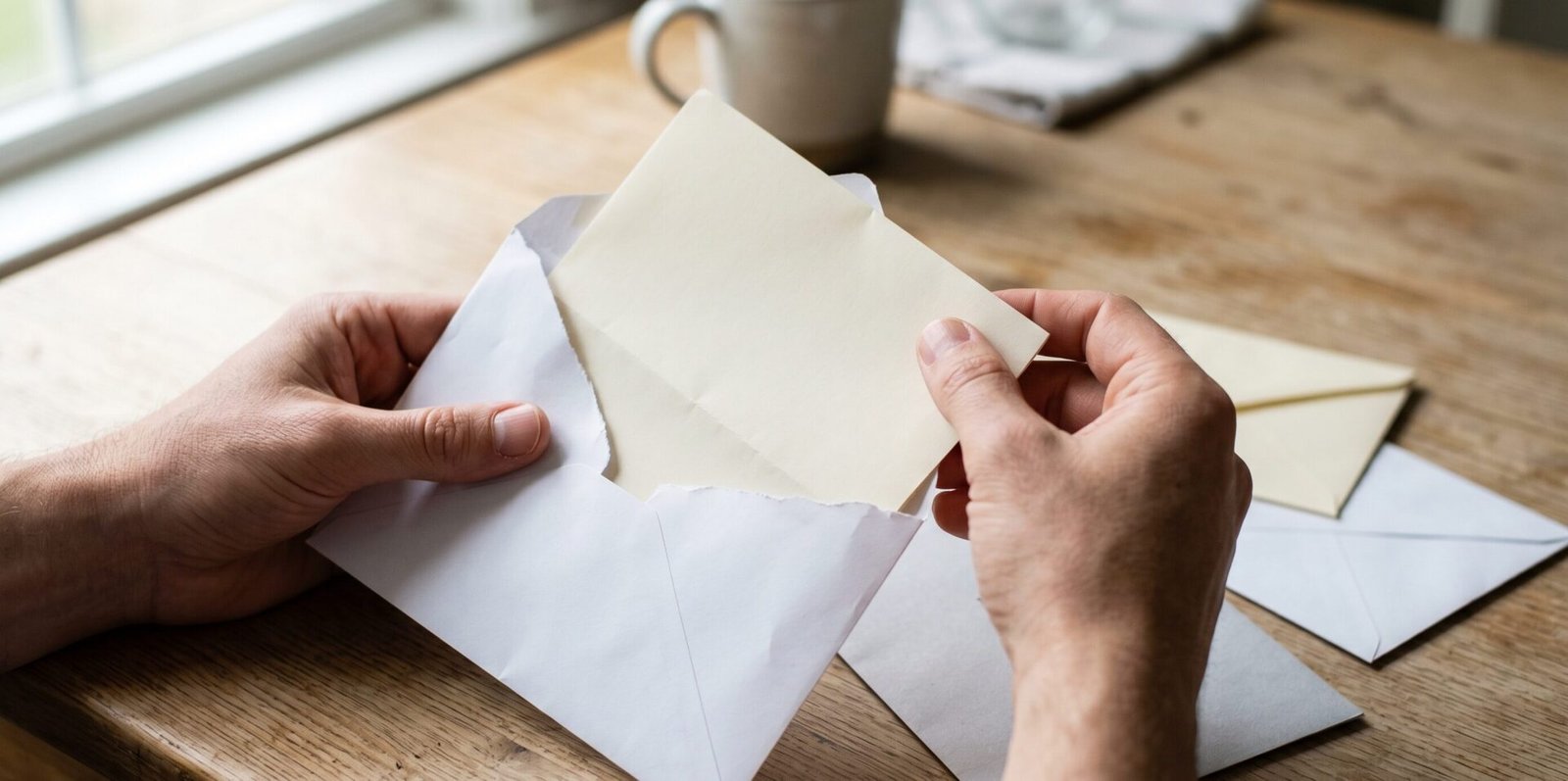 Mãos retirando carta de envelope branco sobre mesa com outros envelopes