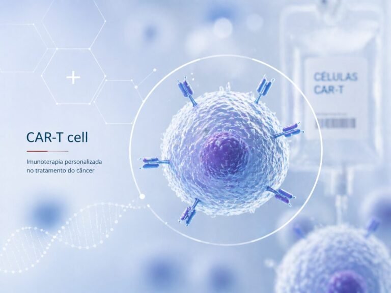 Ilustração científica de células CAR-T modificadas geneticamente para imunoterapia personalizada com bag de células CAR-T — cobertura obrigatória pelo plano de saúde para LDGCB, mieloma e LLA-B refratária conforme Lei 14.454/2022 e Tema 990 STJ
