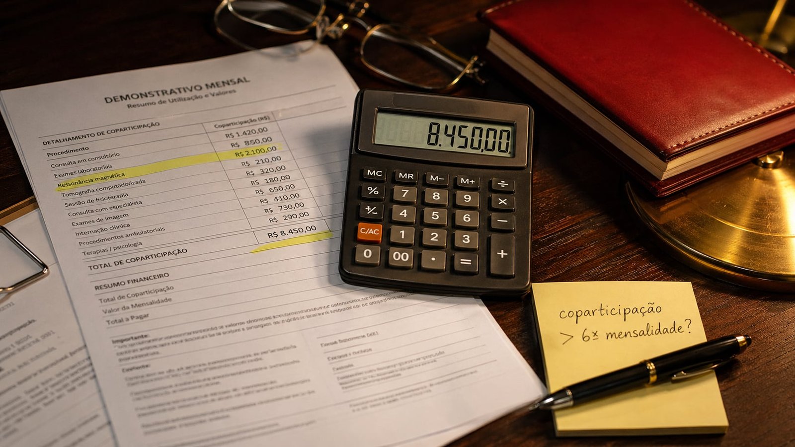 Pessoa analisando boletos de plano de saúde com cobranças adicionais de coparticipação