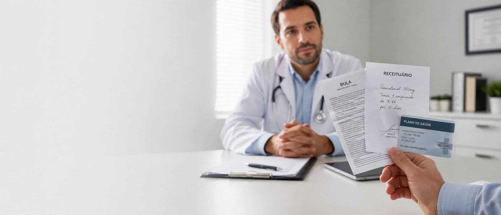 Mão segurando bula, receita médica e carteira do plano de saúde — direitos do paciente oncológico em 2026