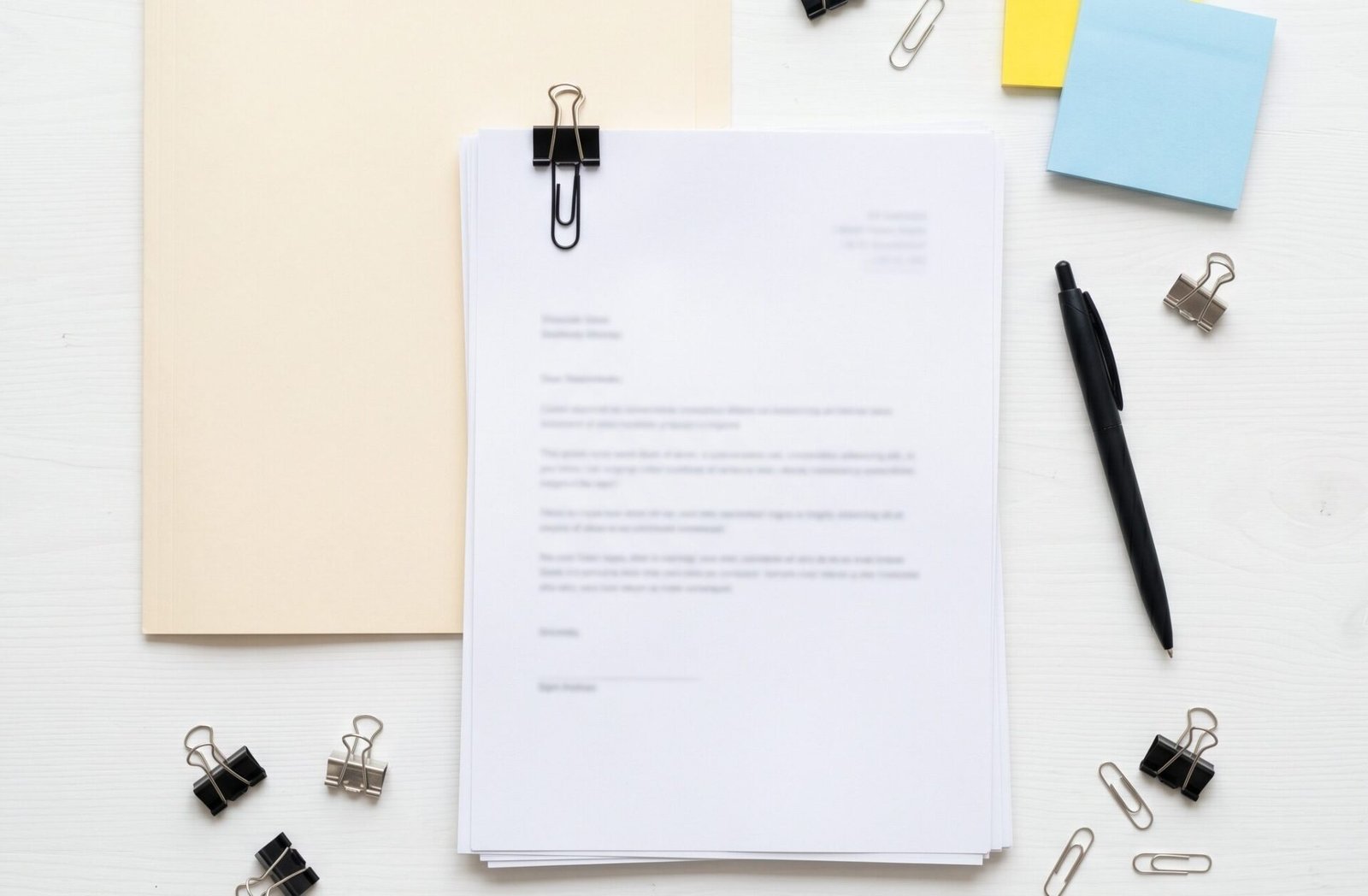 Vista superior de documentos organizados sobre mesa com pasta, clipes e post-its