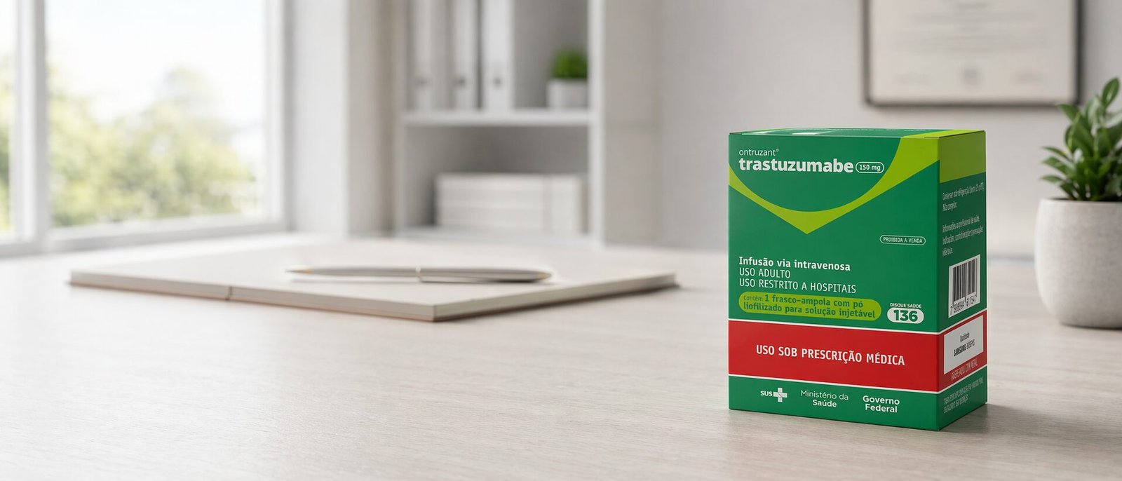 Caixa de Herceptin (Trastuzumabe) sobre mesa — medicamento oncológico HER2+ que o plano de saúde recusou cobrir