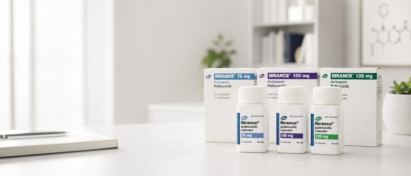 Frasco e caixas de Ibrance (palbociclibe) Pfizer 75mg, 100mg e 125mg sobre mesa de escritório de advocacia — quando o plano nega o inibidor CDK4/6, a recusa é abusiva conforme STJ e TJSP