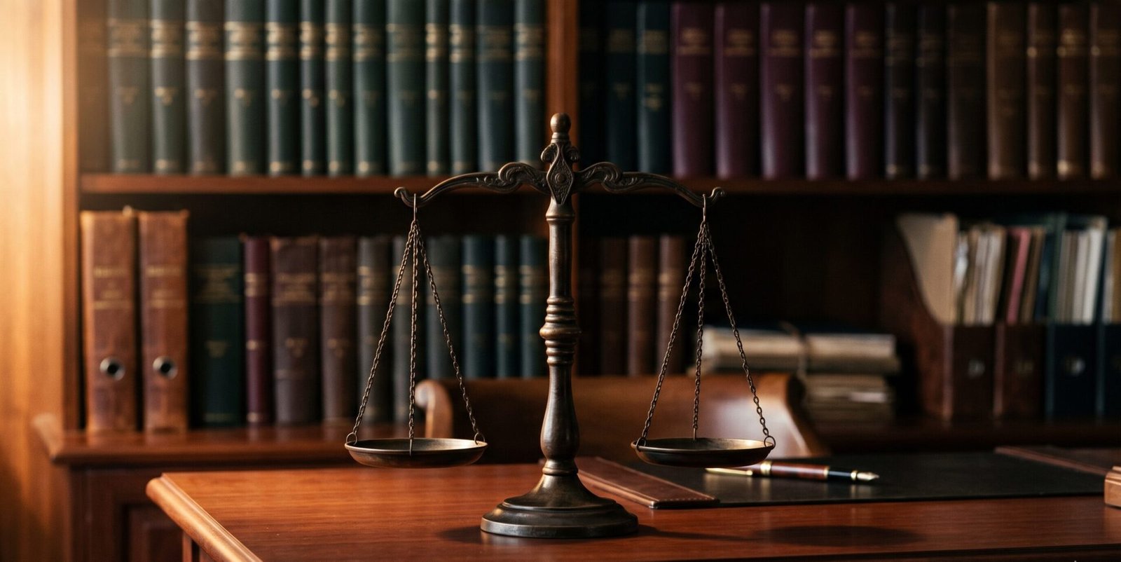 Balança de justiça em bronze sobre mesa de escritório com livros jurídicos ao fundo