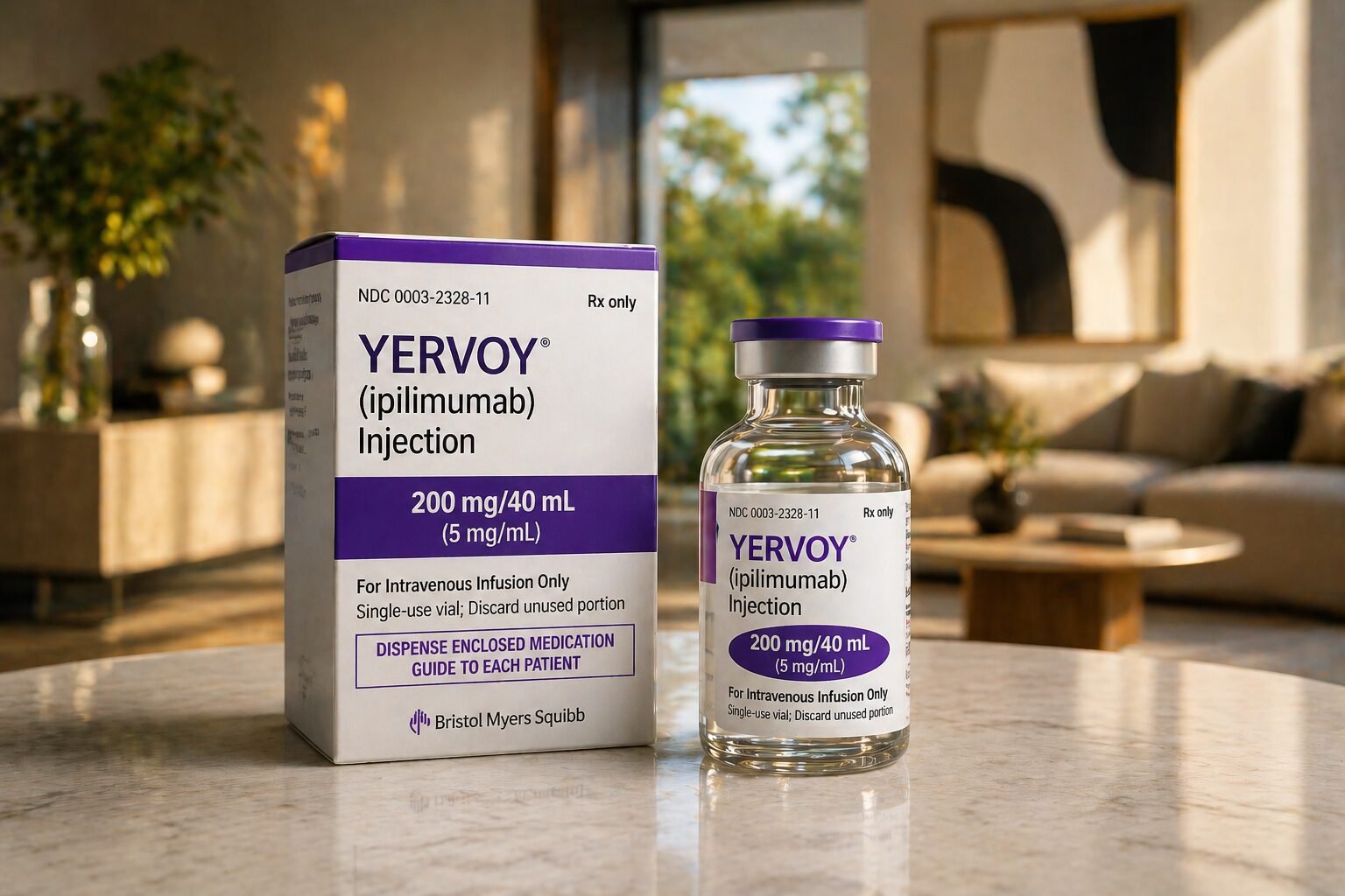 Caixa de Yervoy 200 mg/40 mL (ipilimumabe) Bristol Myers Squibb + frasco em mesa de mármore em ambiente residencial moderno — cobertura obrigatória pelo plano de saúde mesmo fora do rol da ANS, com fundamento na Lei 14.454/2022 e Tema 990 do STJ