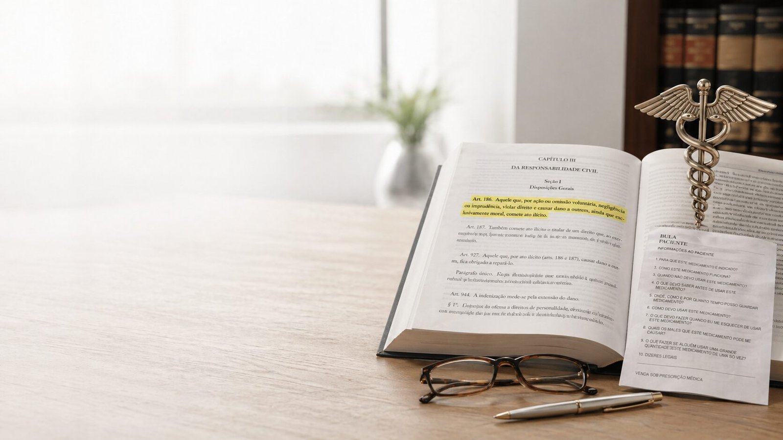 Livro de leis aberto com bula de medicamento e caduceu — Lei 14.454/2022 garante cobertura de medicamento oncológico fora do rol da ANS