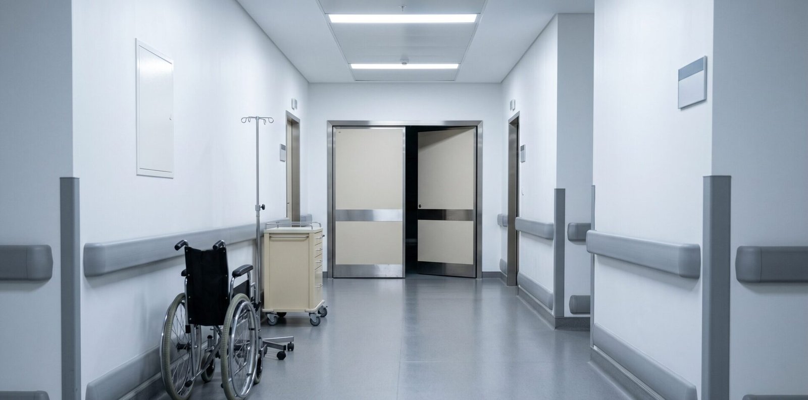 Corredor hospitalar vazio com portas ao fundo e equipamentos médicos
