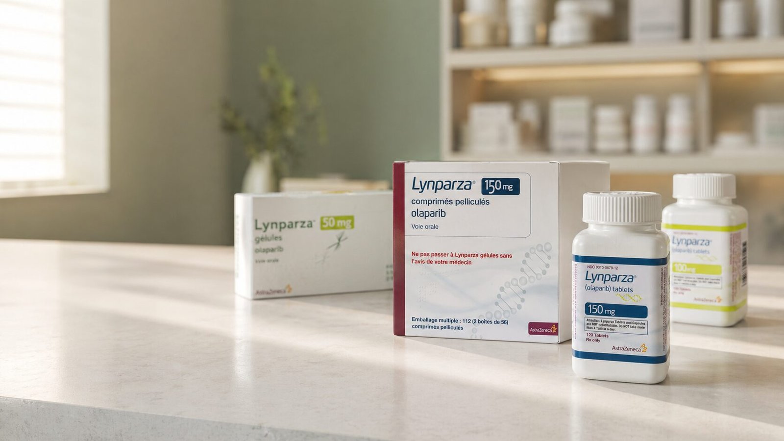 Embalagem de Lynparza (olaparibe) sobre mesa de escritório de advocacia — inibidor de PARP indicado para câncer de ovário, mama BRCA e próstata mCRPC HRR