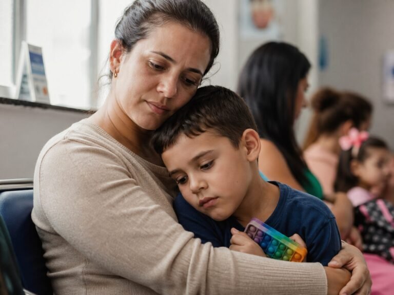 Mãe abraça filho com autismo (TEA) em sala de espera de clínica — direito à cobertura pelo plano de saúde