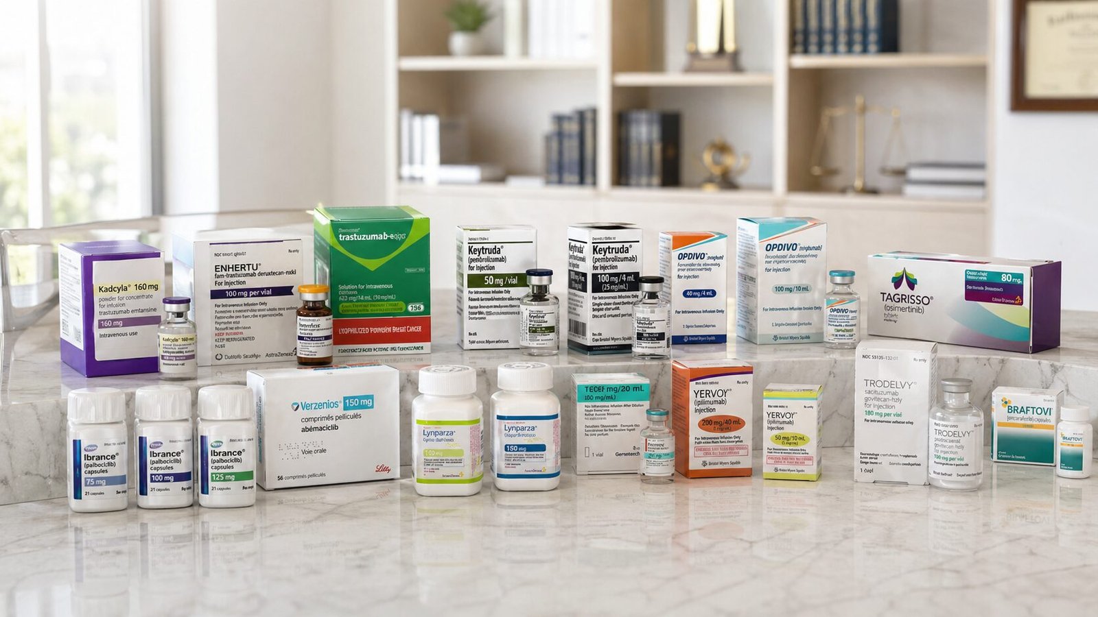 Conjunto panorâmico dos principais medicamentos oncológicos com cobertura obrigatória pelo plano de saúde — Kadcyla, Enhertu, Herceptin, Keytruda, Opdivo, Verzenios, Ibrance, Lynparza, Tecentriq, Tagrisso, Yervoy, Trodelvy e Braftovi sobre mesa de mármore com biblioteca jurídica e balança da justiça ao fundo, representando a expertise do escritório Belisário Maciel Advogados em Direito Médico e Saúde Suplementar conforme Lei 14.454/2022, Tema 990 STJ e Súmula 102 TJSP