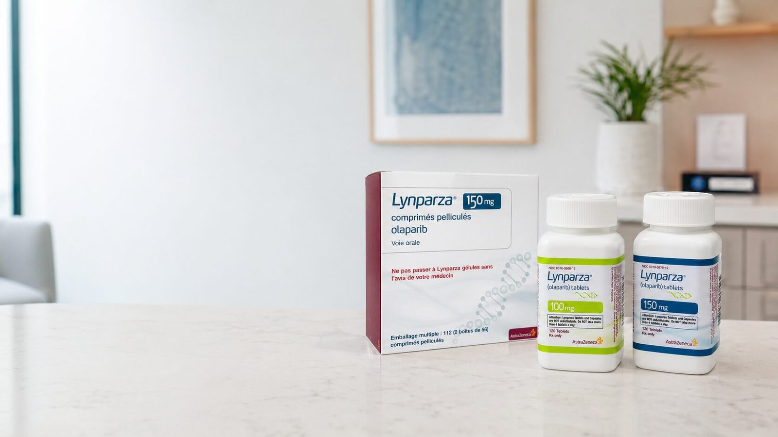 Caixa francesa de Lynparza 150 mg (comprimés pelliculés olaparib) + 2 frascos americanos 100 mg e 150 mg (olaparib tablets) AstraZeneca em mesa de mármore — cobertura obrigatória pelo plano de saúde mesmo fora do rol da ANS, com fundamento na Lei 14.454/2022 e Tema 990 do STJ