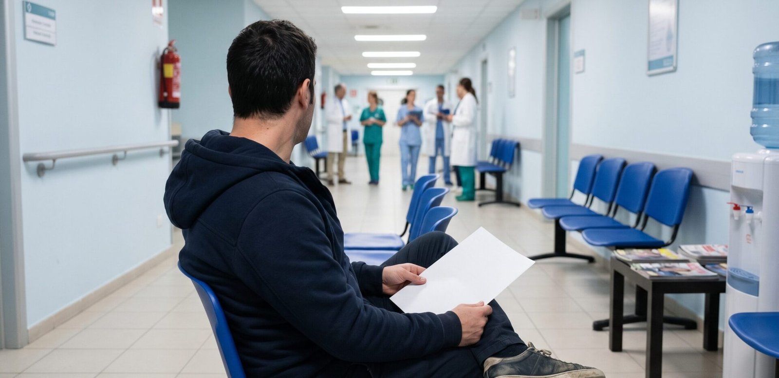 Paciente visto de costas em sala de espera hospitalar segurando documento