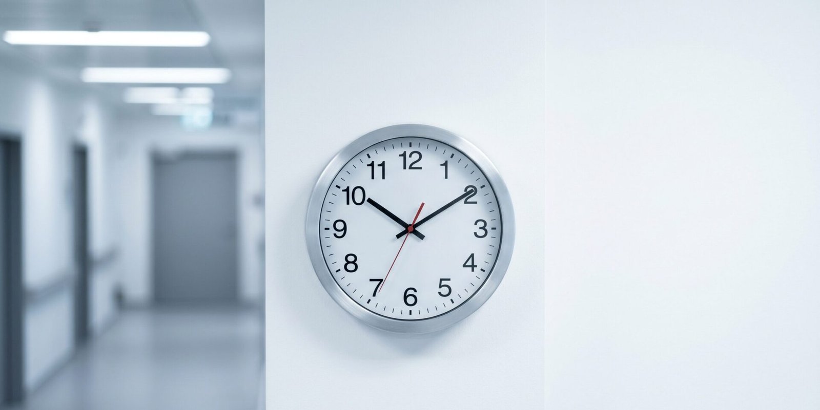 Relógio de parede em corredor de hospital