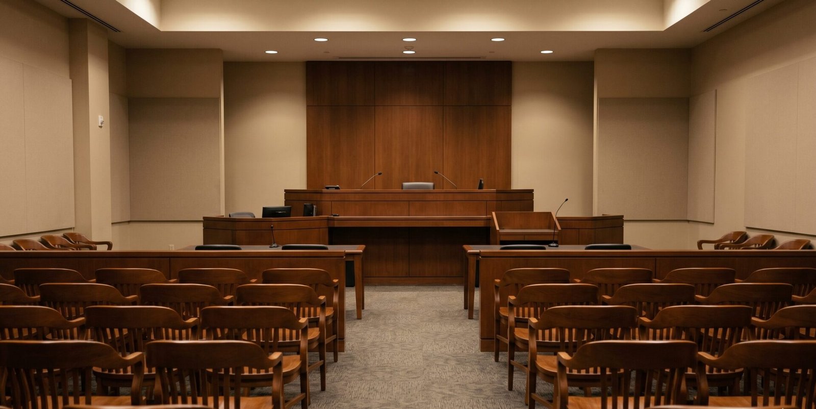 Sala de audiência de tribunal vazia com mesa do juiz e cadeiras
