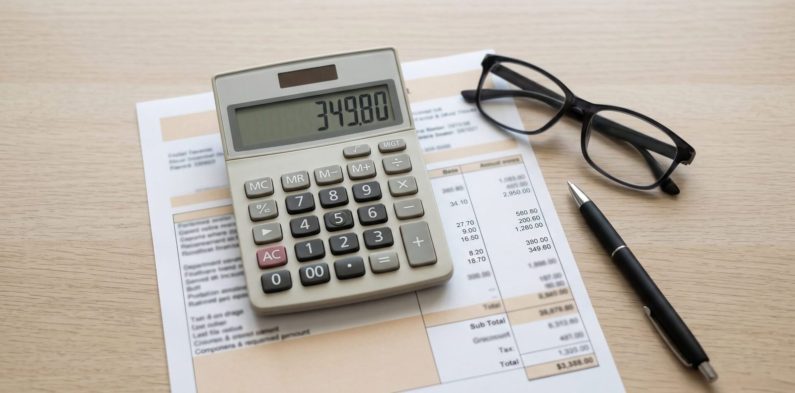 Calculadora sobre fatura com óculos de leitura em mesa doméstica