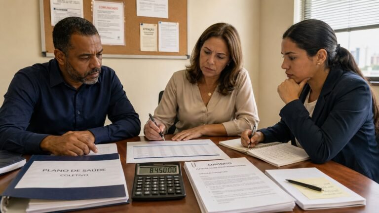 Reuniao de RH em empresa brasileira analisando reajuste de plano de saude coletivo empresarial