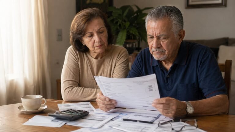 Casal de idosos brasileiros analisando boleto de reajuste de plano de saúde sobre mesa com calculadora e documentos