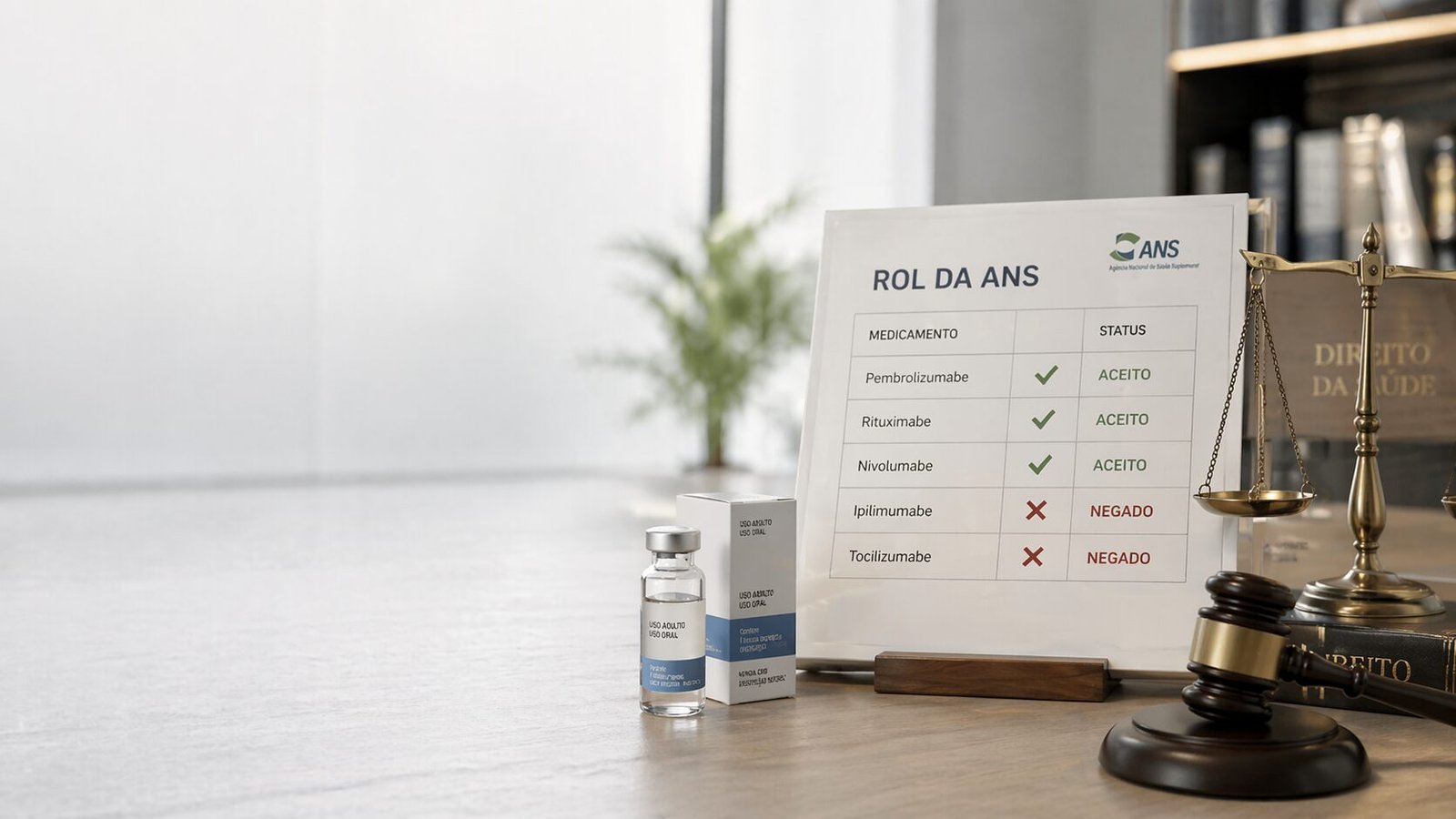 Tabela do rol da ANS com medicamentos oncológicos e logo ANS — rol exemplificativo (Lei 14.454/2022) garante cobertura obrigatória