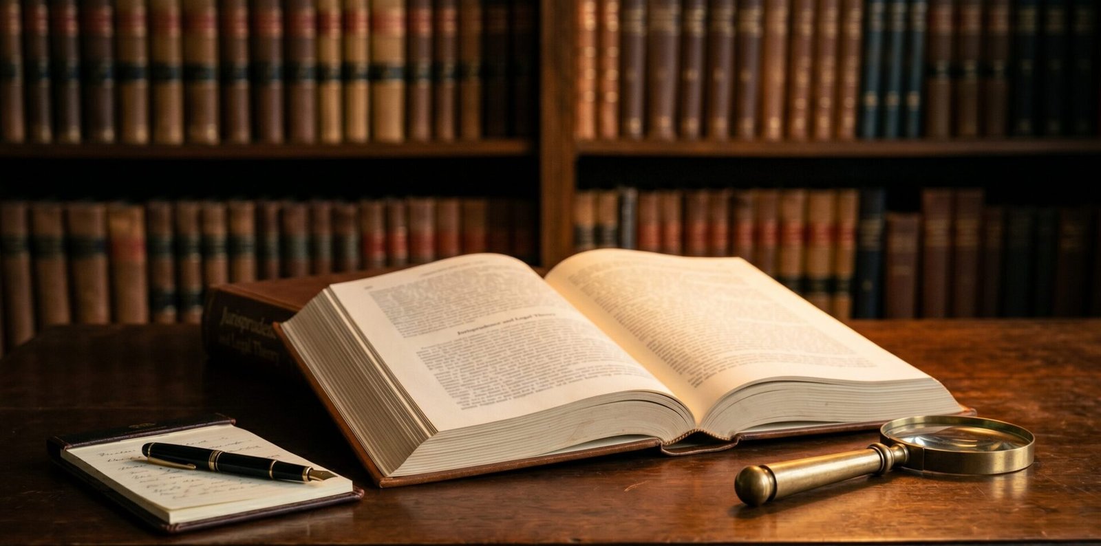 Livro jurídico aberto sobre mesa de escritório com lupa e bloco de notas