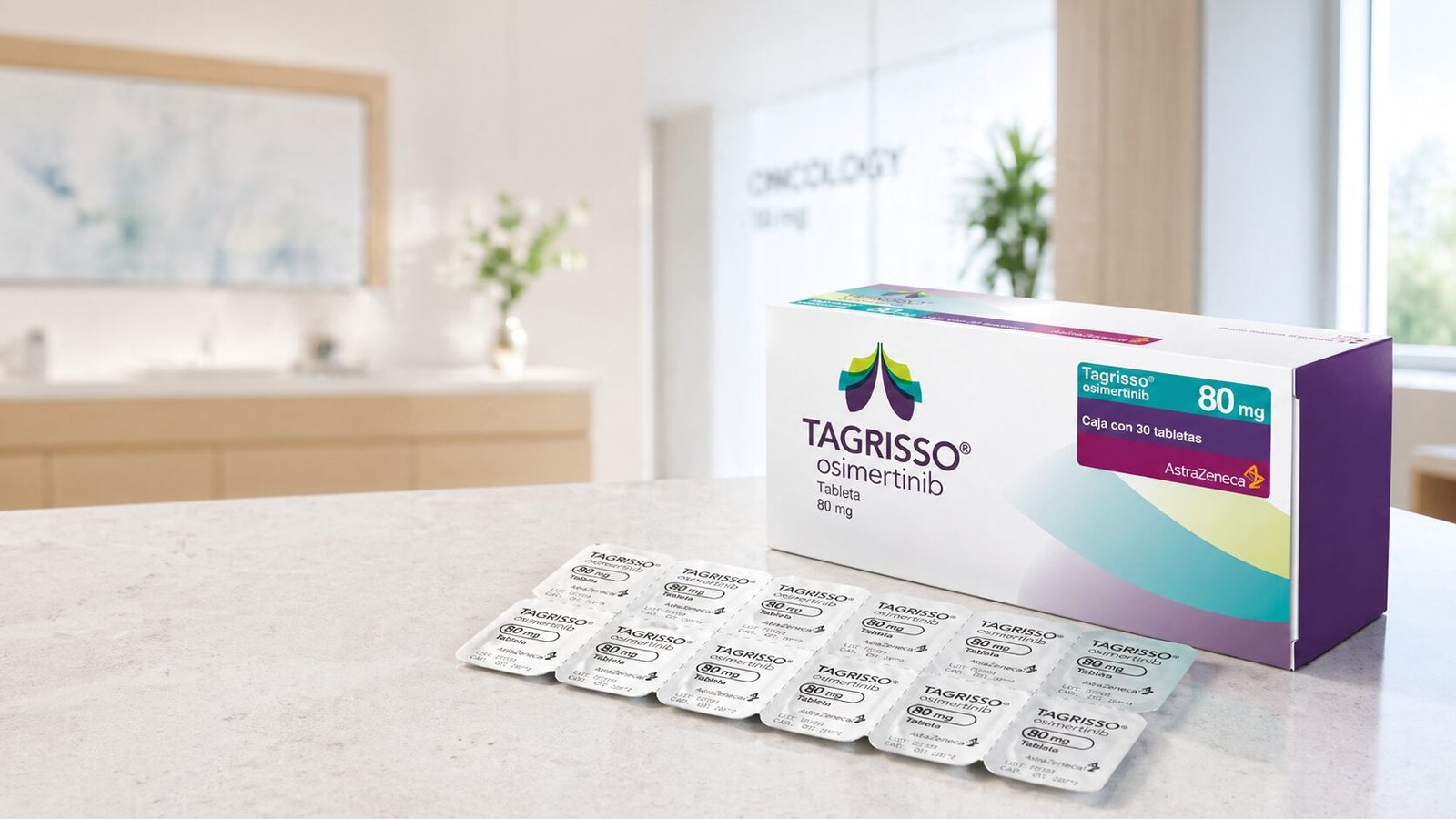 Caixa de Tagrisso 80 mg (osimertinibe) AstraZeneca ao lado de blisters sobre mesa de escritório de advocacia — quando o plano nega o inibidor de tirosina quinase EGFR, a recusa é abusiva conforme STJ REsp 2.190.673/SP