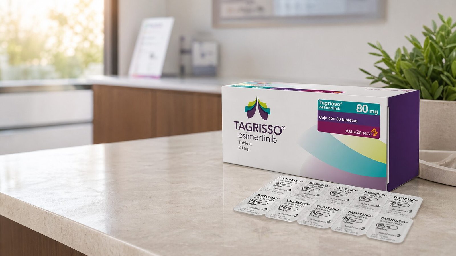 Caixa de Tagrisso (osimertinibe) 80mg ao lado de calculadora e documentos médicos representando custo mensal de tratamento oncológico