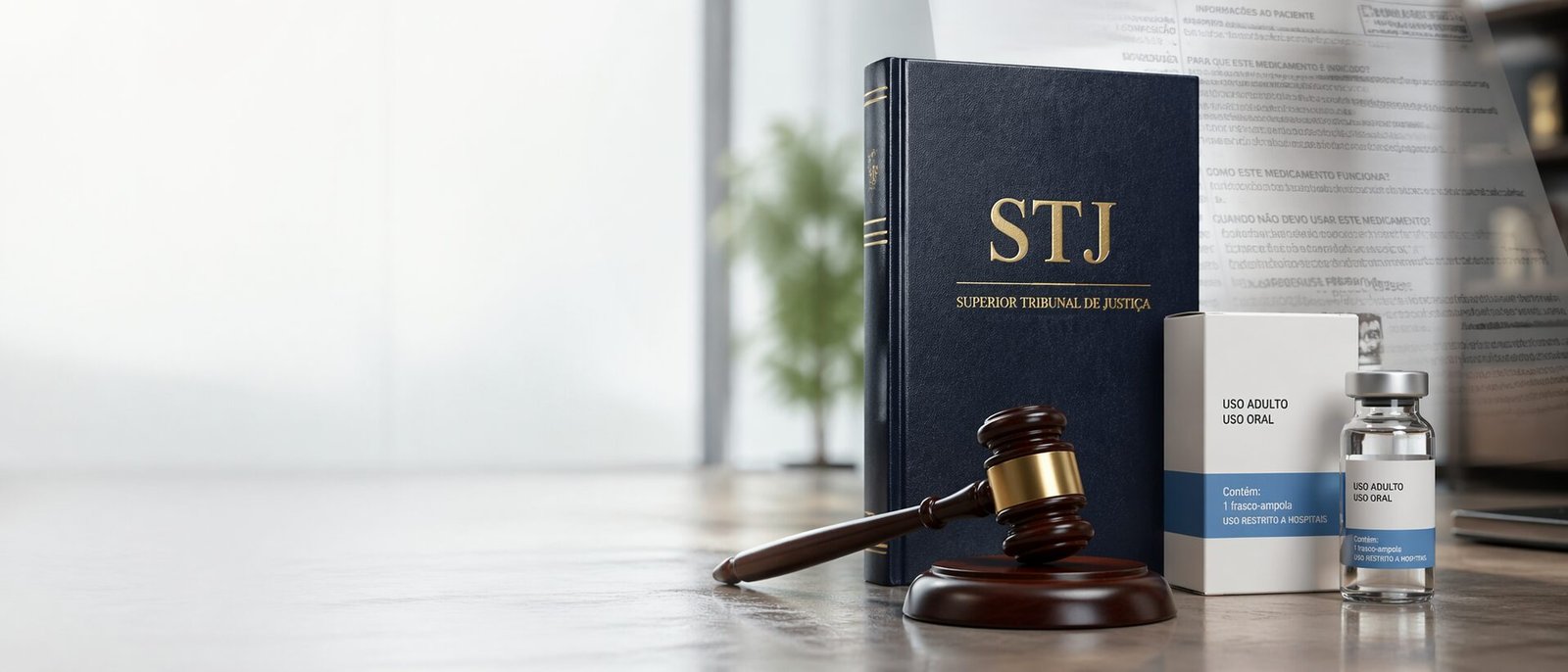 Livro do STJ com martelo e medicamento oncológico — Tema 990 STJ confirma cobertura obrigatória mesmo fora do rol da ANS