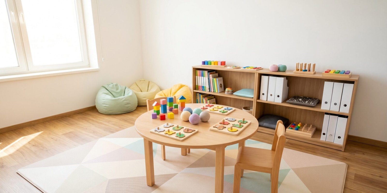 Sala de terapia infantil vazia com brinquedos educativos, tapete e estante de materiais