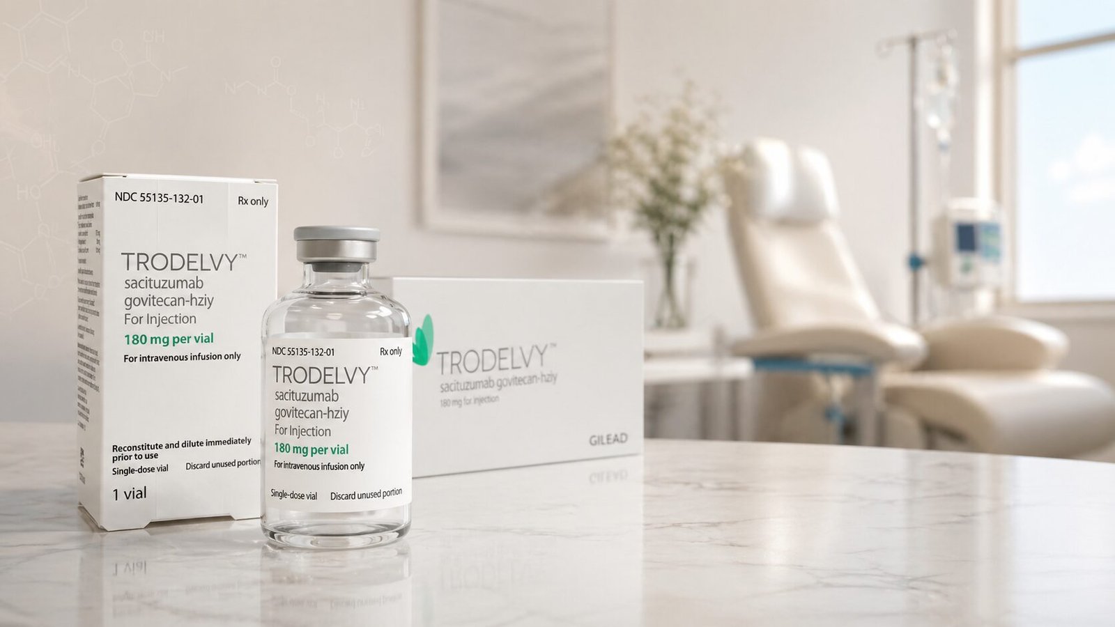 Caixa e frasco de Trodelvy 180 mg (sacituzumabe govitecano) Gilead em ambiente de centro de infusão oncológica — quando o plano nega o anticorpo-droga conjugado anti-Trop-2, a recusa é abusiva conforme STJ