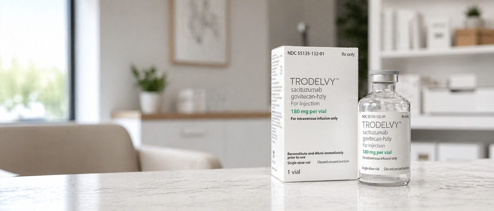 Frasco de Trodelvy (sacituzumabe govitecano) ao lado de calculadora financeira e prescrição médica — representação do impacto econômico do tratamento oncológico