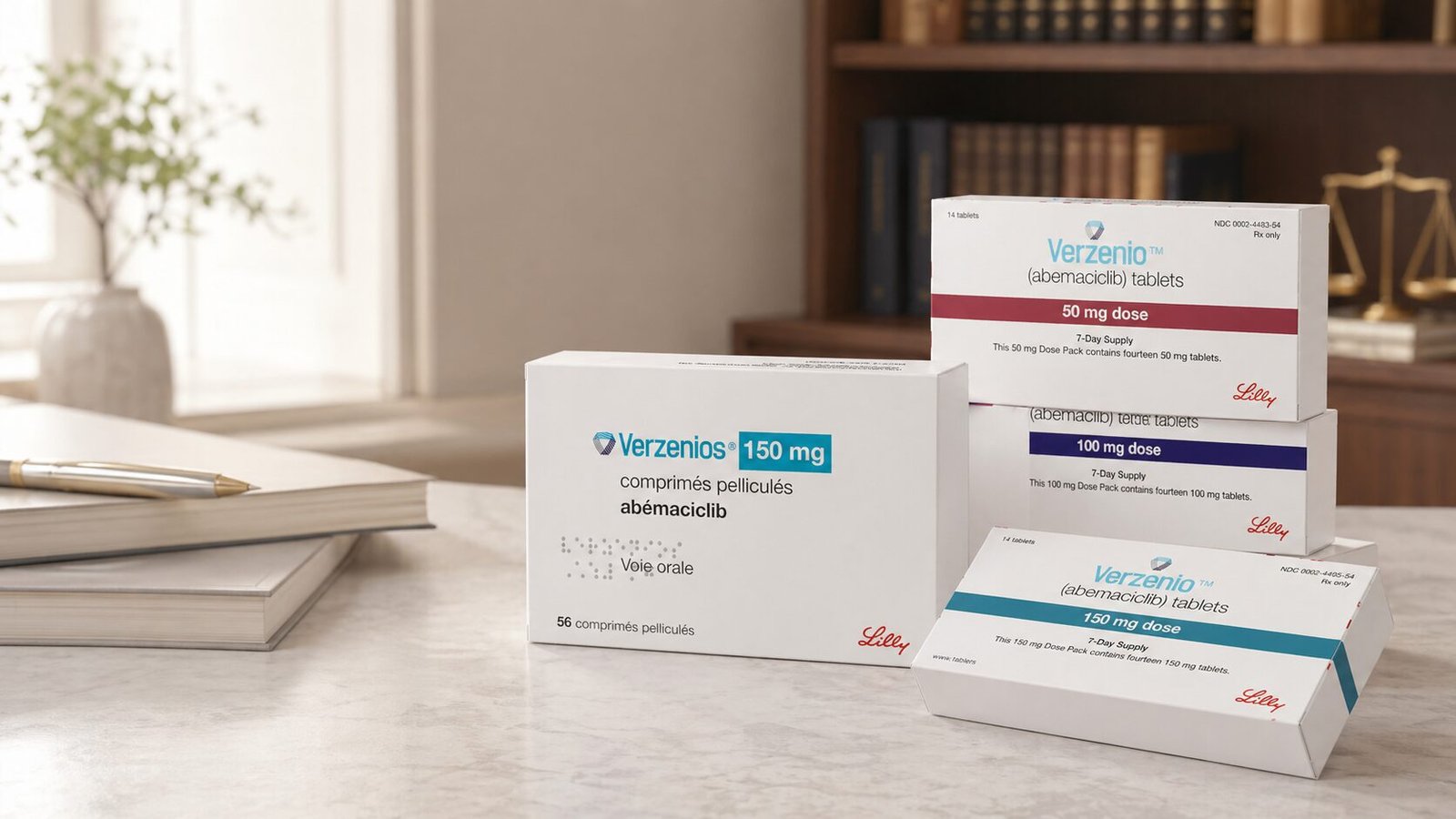 Caixa de Verzenio (abemaciclibe) ao lado de comprovantes de compra e receituário médico — representação do custo mensal do tratamento oncológico para câncer de mama HR+ HER2- adjuvante e metastático