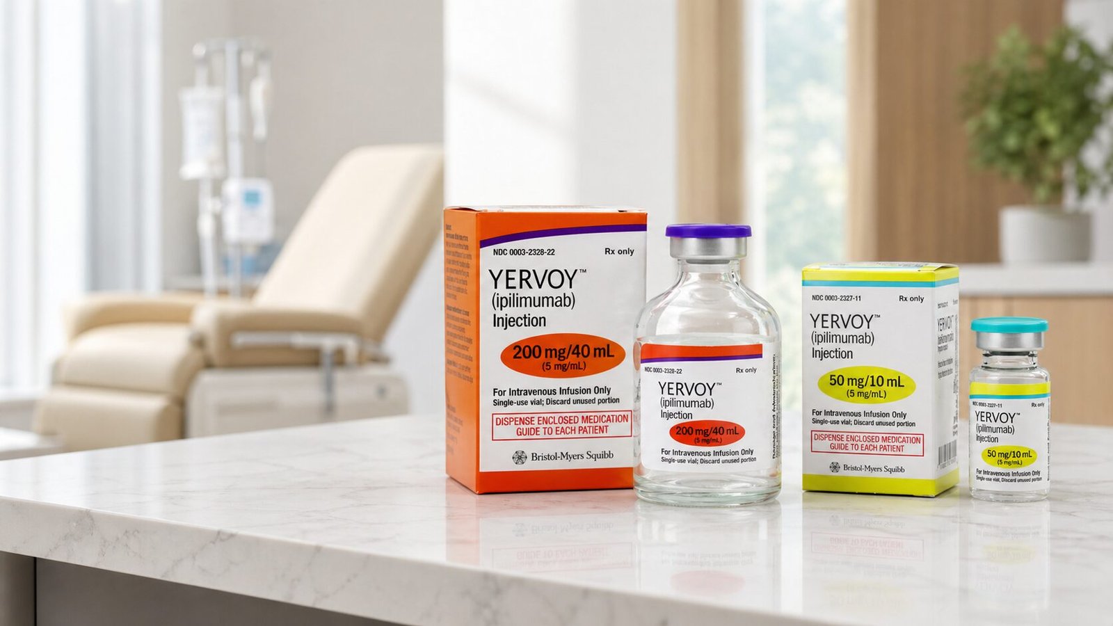 Frasco de Yervoy (Ipilimumabe) — anticorpo monoclonal anti-CTLA-4 (Bristol-Myers Squibb) — sobre mesa de escritório de advocacia. A jurisprudência do TJSP é uniforme: negativa de cobertura é abusiva quando há prescrição médica fundamentada.