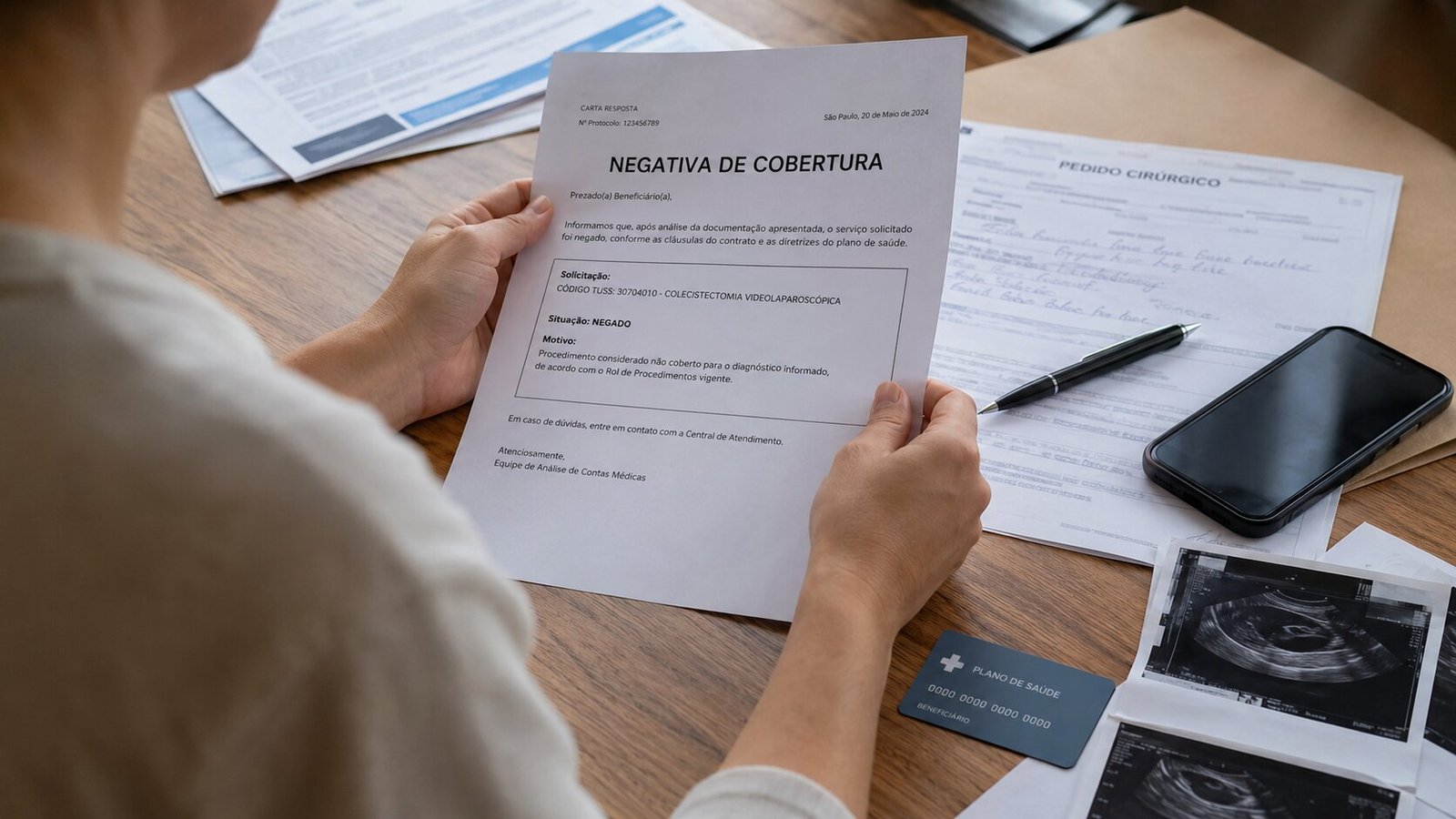 Pessoa examina carta de negativa de cobertura cirúrgica emitida pelo plano de saúde, com pedido cirúrgico, cartão do plano e exames de imagem sobre a mesa
