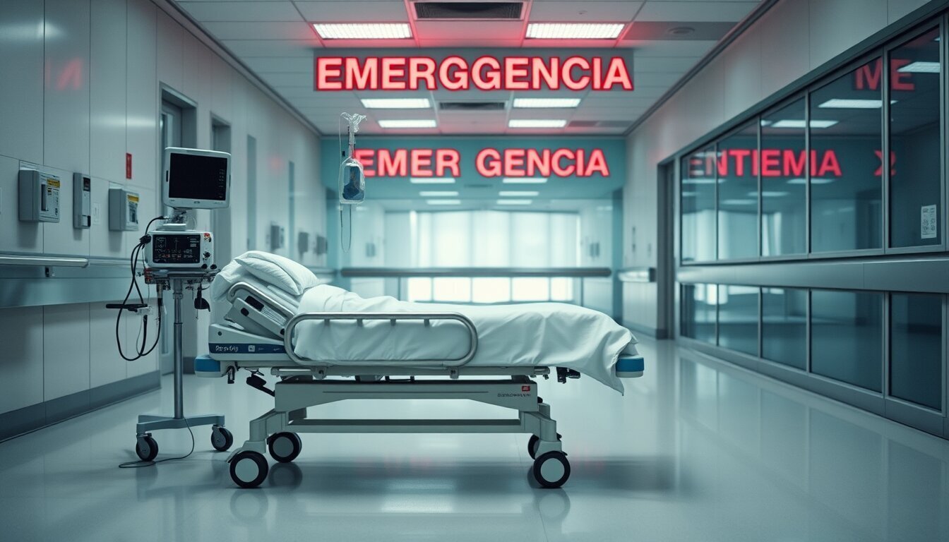 Baia de pronto-socorro em hospital brasileiro com maca pronta, carrinho de parada com desfibrilador, monitor ECG e suporte de soro - imagem ilustrativa para conteúdo sobre negativa de cobertura em urgência e emergência