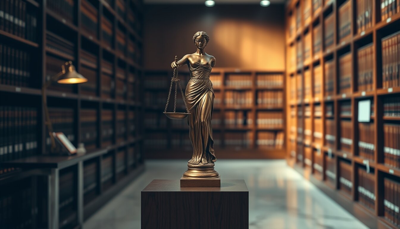 Estátua de bronze da Justiça sobre pedestal de madeira escura em sala de arquivo regulatório institucional, com prateleiras de portfólios ao fundo - imagem ilustrativa sobre a RN ANS 623/2024 e novos prazos regulatórios