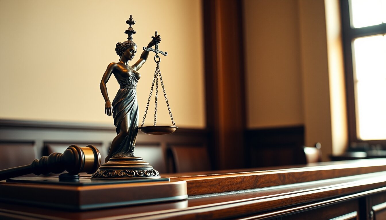 Balança da justiça em bronze e martelo de juiz em madeira escura sobre bancada judicial, com luz natural de janela ao fundo - imagem ilustrativa sobre a concessão de tutela de urgência em casos de prazo vencido pelo plano de saúde