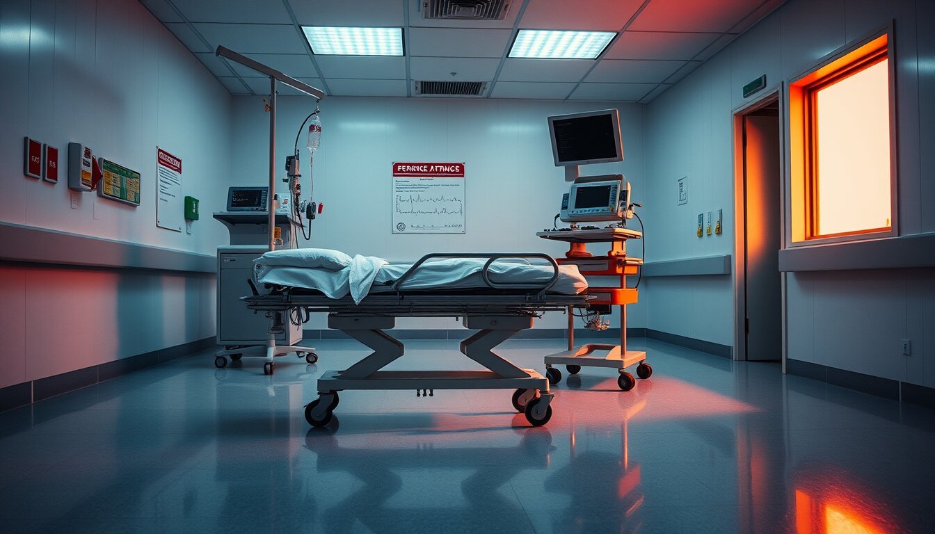 Baia de triagem de pronto-socorro em hospital brasileiro com maca preparada, carrinho de parada com desfibrilador, monitor ECG e suporte de soro - imagem ilustrativa sobre o prazo imediato para cirurgia de urgência ou emergência