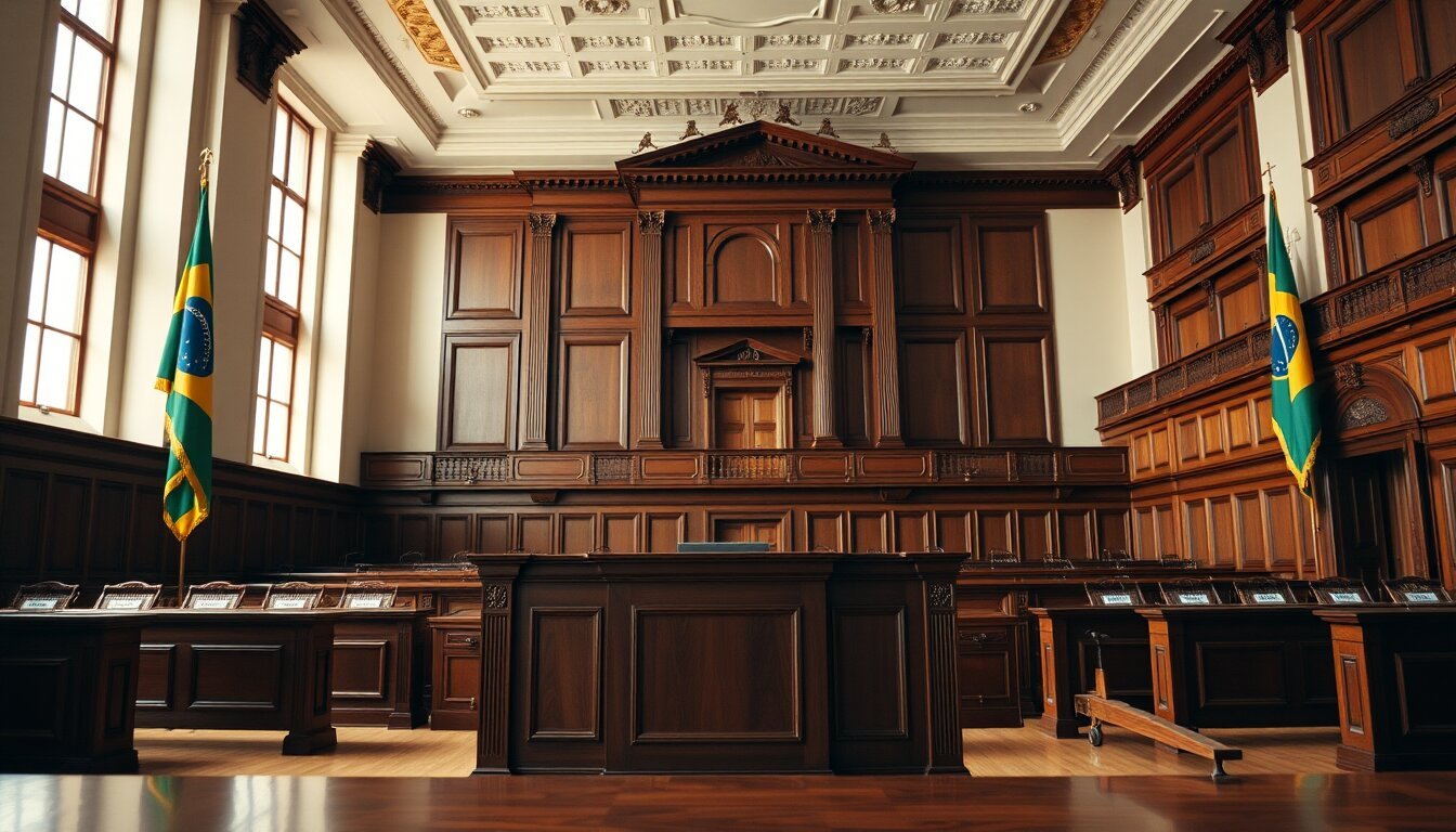 Sala de tribunal vazia com bancada do juiz em madeira escura ao centro, bandeiras do Brasil e do estado nas laterais e galeria ao fundo - imagem ilustrativa sobre a posição atual dos tribunais sobre dano moral pela demora do plano de saúde