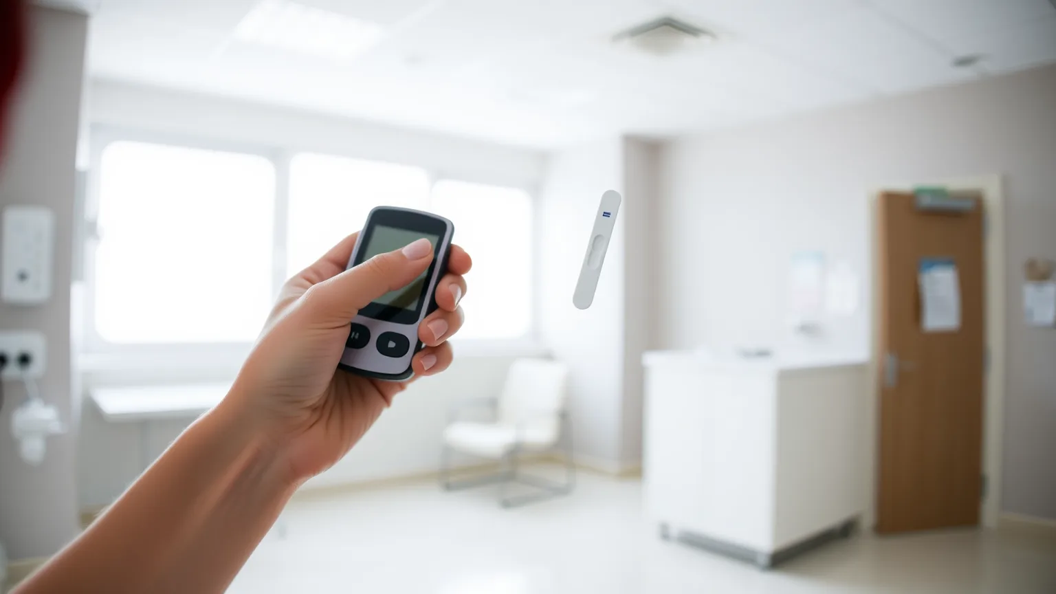 O diabetes é doença de cobertura obrigatória pelo plano de saúde mãos de paciente usando medidor de glicose em clínica, ilustrando a cobertura obrigatória do tratamento de diabetes pelo plano de saúde
