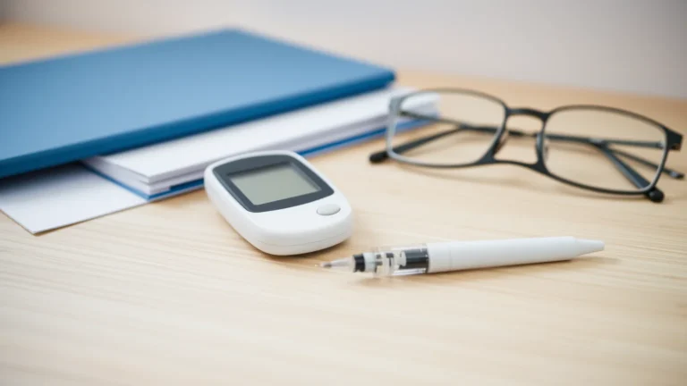 medidor de glicose e caneta de insulina sobre a mesa ao lado de uma pasta, ilustrando direitos do paciente com diabetes no plano de saúde