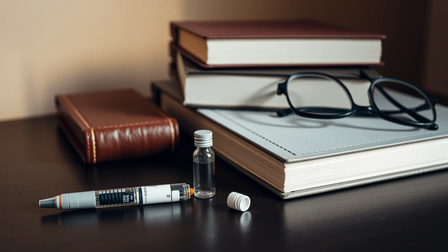 Medicamento de uso domiciliar e rol exemplificativo no diabetes caneta de insulina ao lado de livros encadernados fechados, ilustrando a regra do medicamento domiciliar e do rol exemplificativo