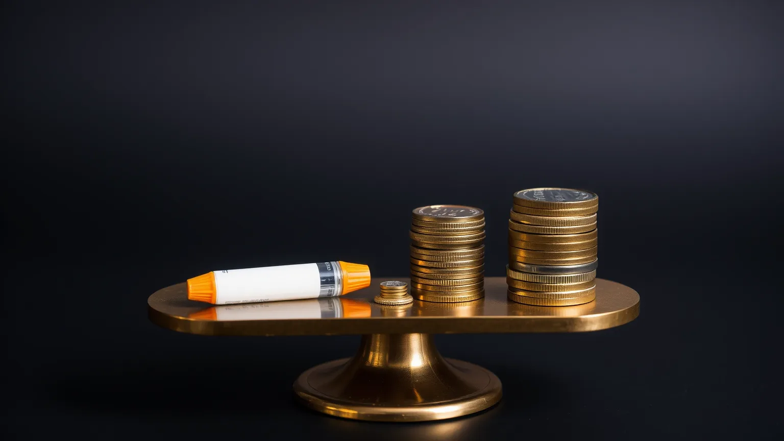Preço menor e o requisito de incapacidade financeira balança com caneta de medicamento de um lado e moedas do outro ilustrando preço e hipossuficiência