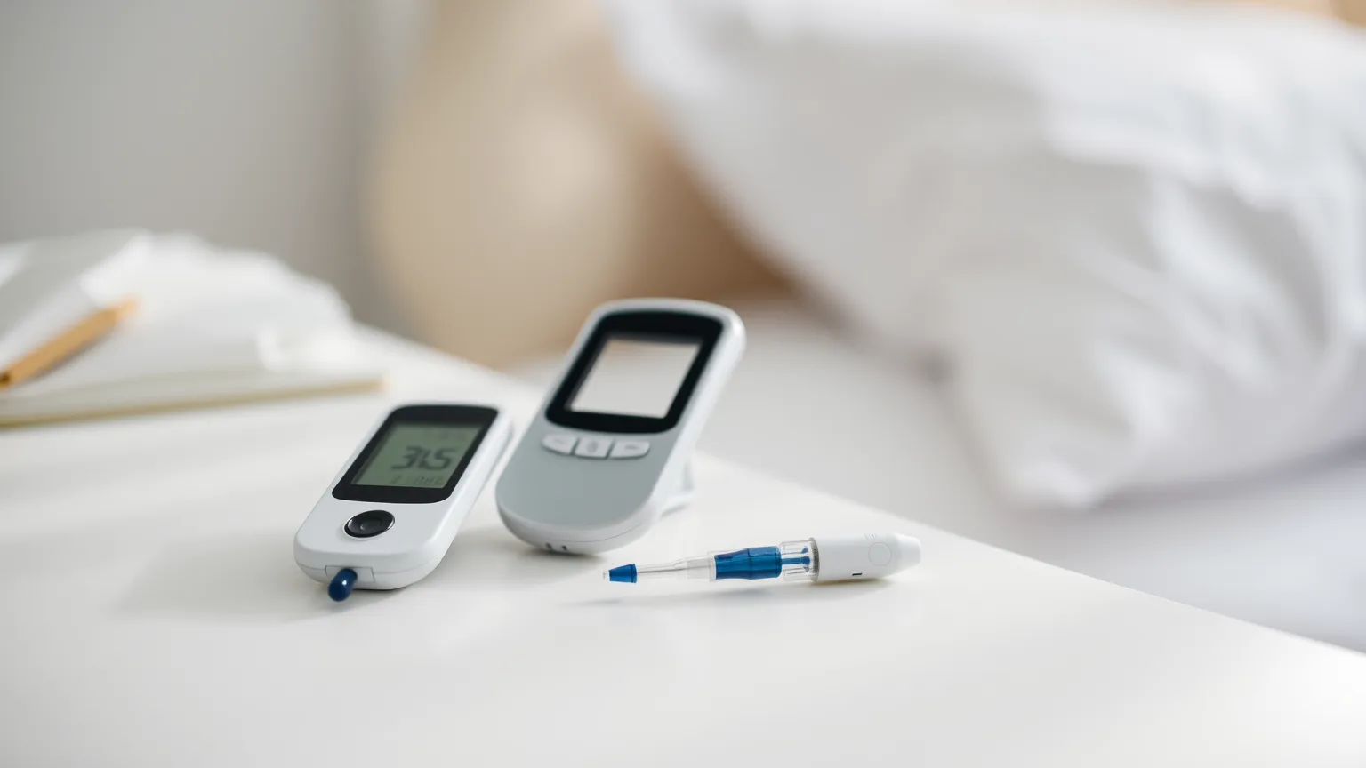 medidor e sensor de glicose em mesa de cabeceira, ilustrando o controle de hipoglicemia no diabetes tipo 1